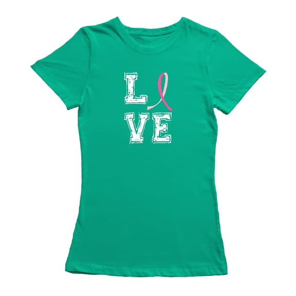 Love Pink Ribbon Cancer Awareness Graphic Women Kelly Green T-Shirt, Female x-Large