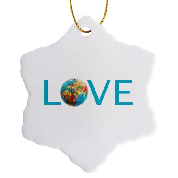 3drose, Love Planet Earth - Text with Blue World Globe for O - Geography Fan, 3 inch Snowflake Porcelain Ornament