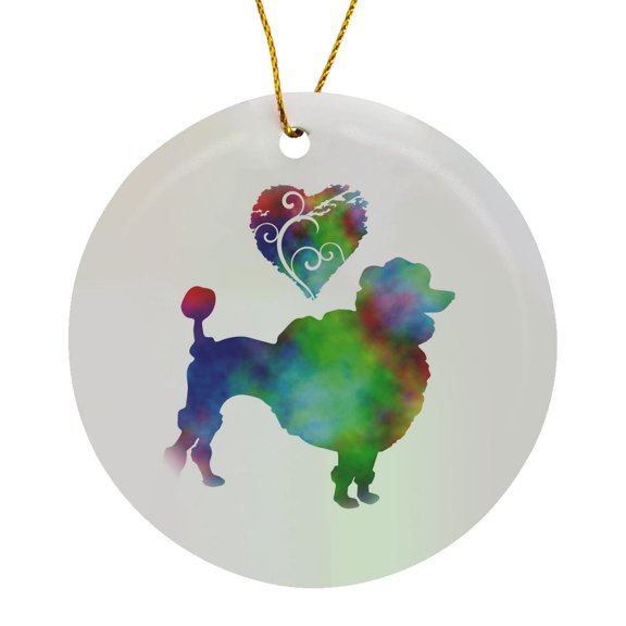 3drose, Love Poodle- Tie Dye Poodle and Swirly Heart, Circle Porcelain Ornament