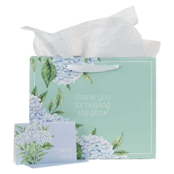 With Love Premium Thank You Gift Bag Set Thank You for Helping Me Grow, Green with Hydrangea Blooms Ideal for Mentors and Teachers, Inspirational Gift Wrap Bag Large Landscape 12.5" x 10" x 3.9"