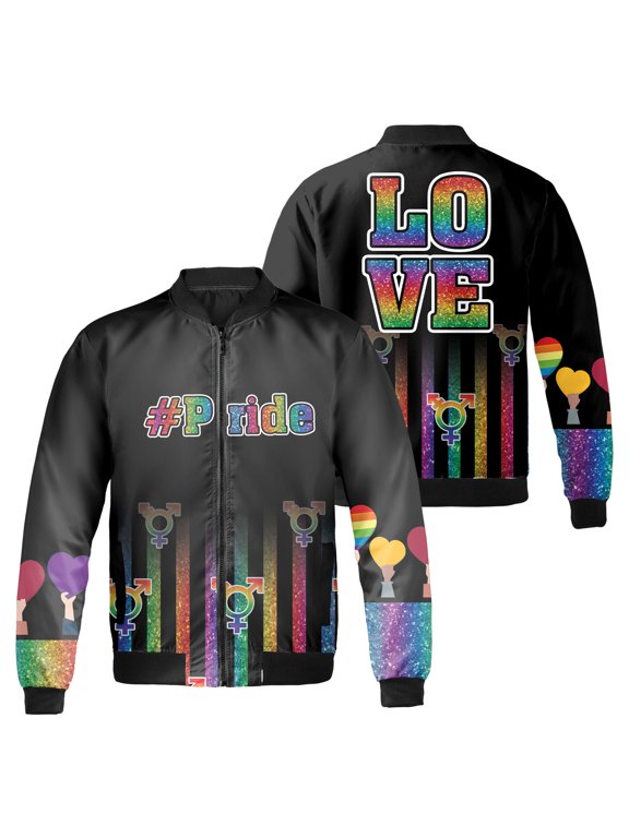 Love Pride Bomber Jacket, Rainbow Glitter Gender Symbol and Heart Graphic, LGBT Pride Month Black Zip Up Jacket
