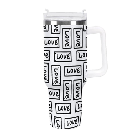 Love Print 40 Oz Tumbler with Handle and Straw Lid, Stainless Steel Insulated Travel Coffee Mug, Vacuum Insulated Water Bottle for Home, Office, Car, Keep Hot/Cold for Hours