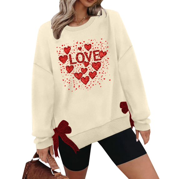 Love Print Casual Valentines Day Sweatshirts with Side Bow Applique