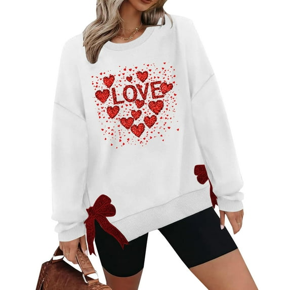 Love Print Casual Valentines Day Sweatshirts with Side Bow Applique