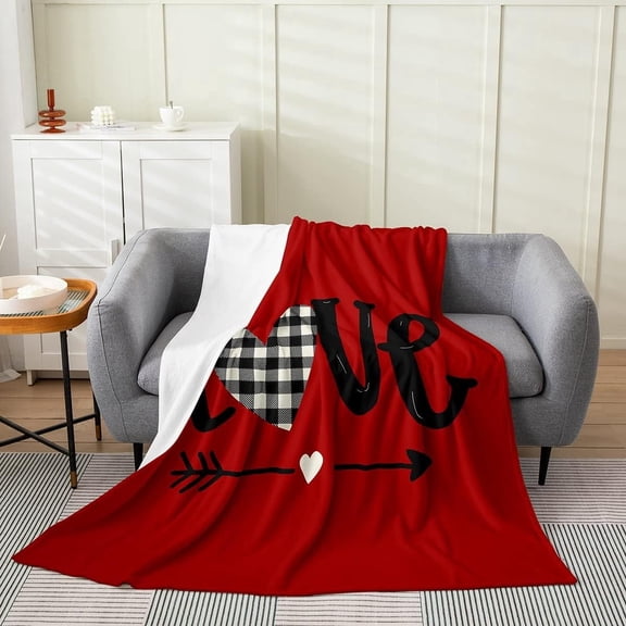 Love Print Throw Blanket Baby 30x40 Inch Black Red Buffalo Plaid Blanket Happy Valentine''s Day Fleece Blanket for Couple Lover Girl Geometric Love Arrow Bedroom Decor Fuzzy Blanket