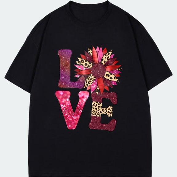 Love Printed T Shirt Black Glitter Leopard Flower Design For Casual Wear