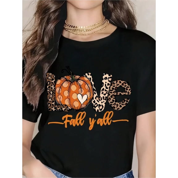 Love Pumpkin Leopard Print Fall Y'all T-Shirt For Women Autumn Halloween Festival Casual Graphic Tee Shirt