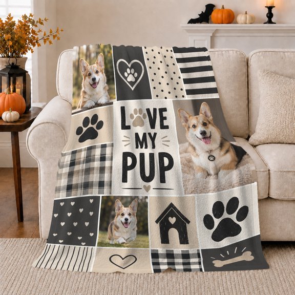 Love My Pup Corgi Patchwork Collage, Sentimental Farmhouse Style for Dog Lovers, Cozy Paw Plaid Quote Scene, Flannel Blanket for Living Room and Bedroom, Pet Adoption Gift and Rustic Home Decor