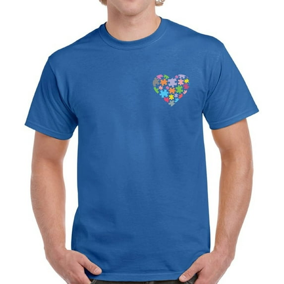 Love Puzzle Men T-Shirt Support Heart Pocket Graphic Tee Autism Awareness