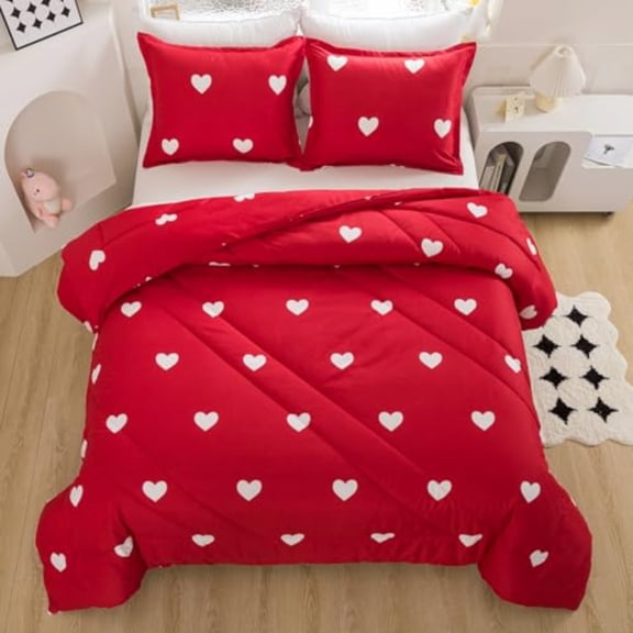 Love Queen Comforter Set - Romantic White Heart Print Red Bedding Comforter 3 Pieces Matching Pillowshams