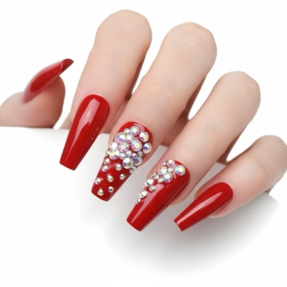 Red 3D Crystal Press On Nails, Love Queen, Extra Long Coffin Ballerina Rhinestones Fake Nails Set