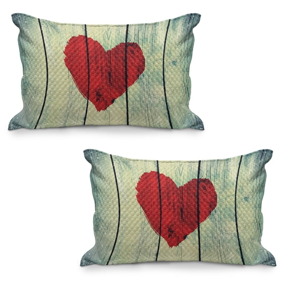 Love Quilted Pillowcover Set of 2, Heart Painted on Rustic Wooden Wall Romance Affection Pleasure Themed Print, Standard Queen Size Pillow Cover for Bedroom, 36" x 20", Red Pale Green, by Ambesonne