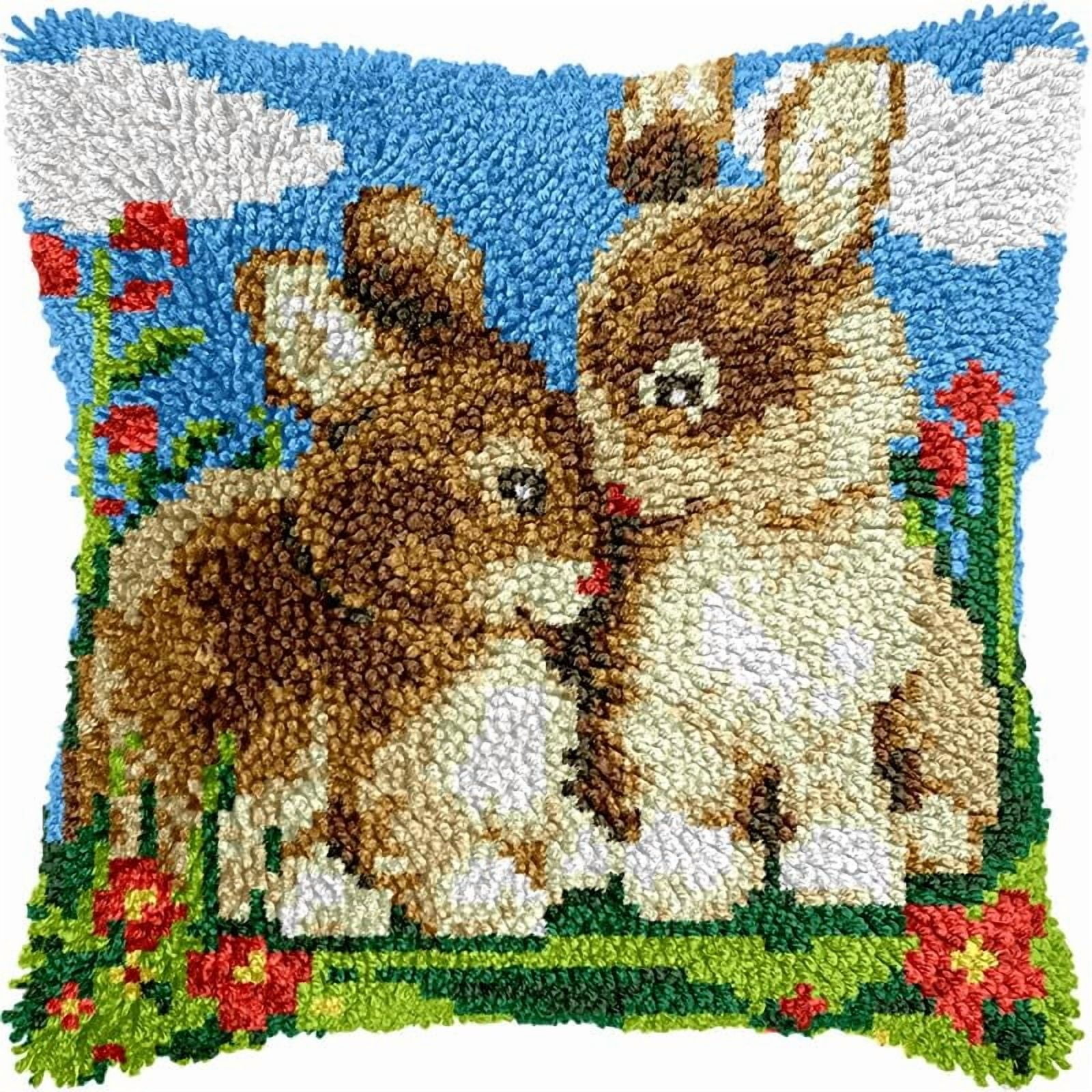Love Rabbit Latch Hook Pillow Kits Pillow Cover with Pattern Printed Canvas Crochet Cross Hooking Pillowcase Cushion Crafts Embroidery Latch Hooking Crochet Kits 17x17 inch(140)
