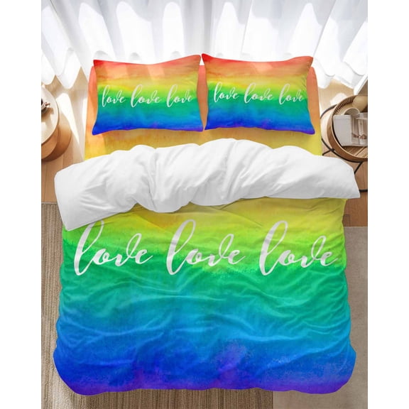 Love Rainbow Bedding Duvet Cover Set Queen Size 4 Pieces Gradient Soft Twill Plush Quilt Cover, Include 1 Duvet Cover 1 Flat Sheet And 2 Pillow