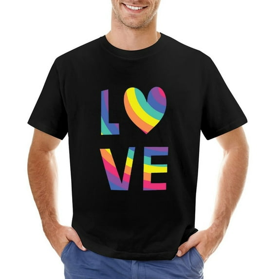 Love Rainbow Color LGBT Gay Or Lesbian Vintage T-shirt Mens Cotton Classic Crewneck Short Sleeve Tees Unisex Black XS