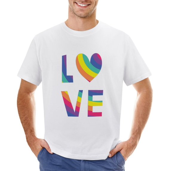 Love Rainbow Color LGBT Gay Or Lesbian Vintage T-shirt Mens Cotton Classic Crewneck Short Sleeve Tees Unisex White L