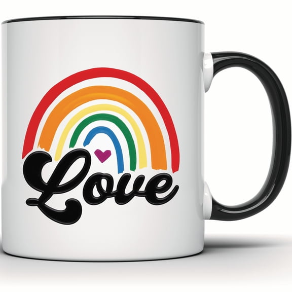 Love Rainbow Pride Mug - LGBTQ Equality Gift - Love Wins Supportive Rainbow Heart Mug for Pride Month - 11 Ounce Black Rim Handle Novelty Coffee Cup - WMUG1990-BLK