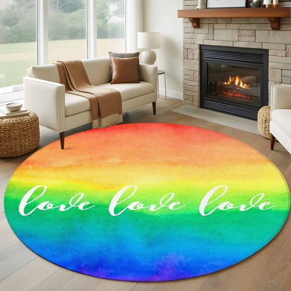 Love Rainbow Round Rugs for Living Room 6ft Gradient Non Slip Circle Rug Washable Low-Profile Indoor Carpet for Bedroom, Dining Room, Bathroom