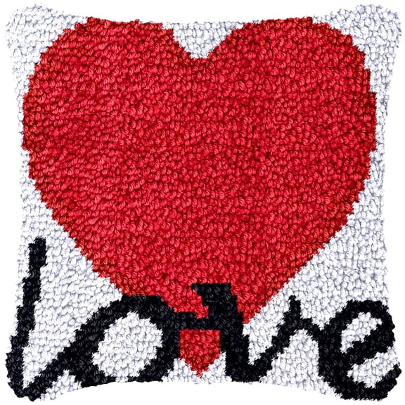 Love Red Heart Latch Hook Kits Pillow Cover DIY Rug Making Crochet Hook Cushion Making Kits with Preprinted Pattern Canvas DIY Needlework Crochet Kits Sofa Decor 43x43cm