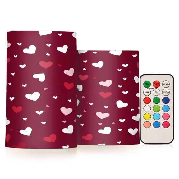 Love Red Pattern Flameless LED Candle Set with Remote, Battery Operated Color Changing Pillar Candles, Set of 2