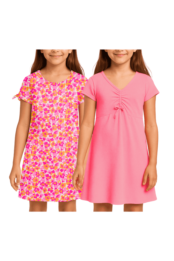 Girls Dresses Short Sleeve Flowy Casual Everyday Summer Dresses for Girls, 2 Pack