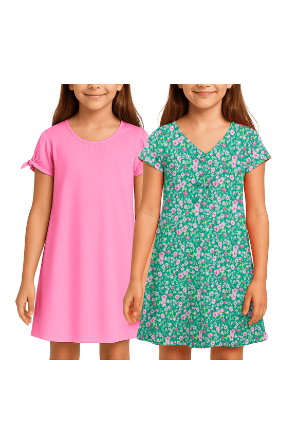 Girls Dresses Soft Breathable Short Sleeve Flowy Dress for Girls Summer Outfit 2 Pack