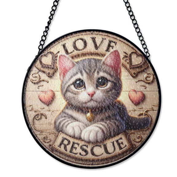 Love Rescue Kitty Suncatcher, Stained Glass Style UV Printed Glass, Adopt Don't Shop Cat Lover Gift, Round