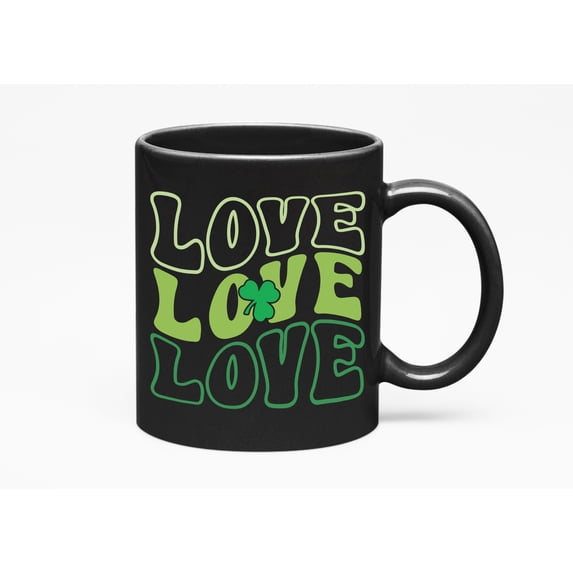 Love, Retro Groovy Wavy Text, St. Patrick's Day, Black 11oz Ceramic Mug
