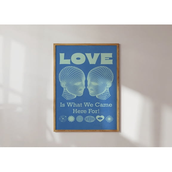 Love Retro Wire Poster, Blue Cyber Y2K Spiritual Home Decor, Heads Kissing Art