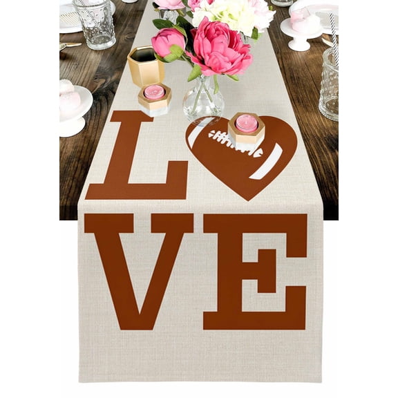 Love Rugby Table Runner, Valentine's Day Abstract Brown Love Heart Heartbeat Rugby Washable Cotton-linen Table Runners Dining Kitchen Decoration for Everyday Home Wedding Party Decor, 13 x 108 Inch
