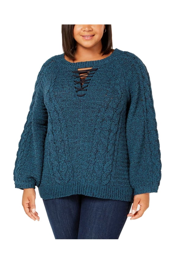 Lace Up Sweater (Medum Blue, 1X Plus)