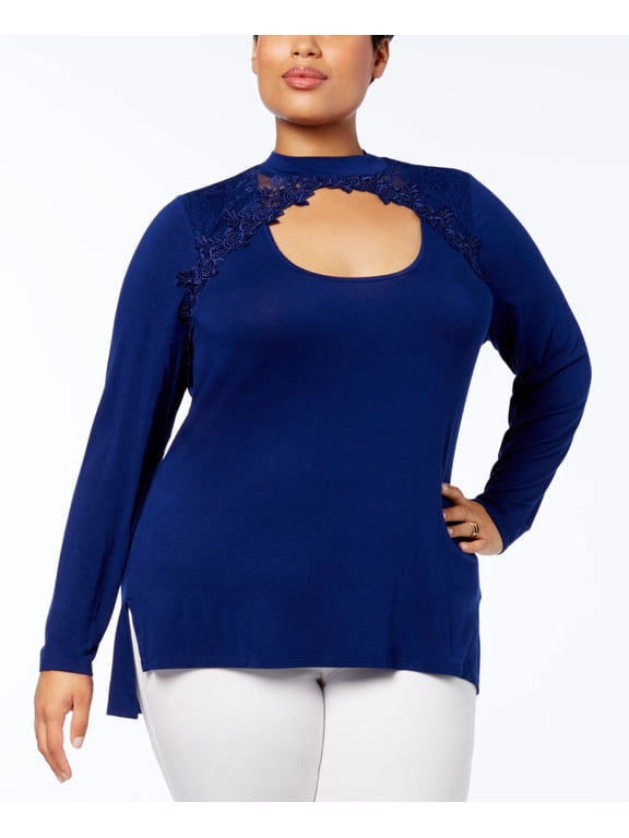 Plus Size Lace Inset Cutout Tunic Revel Blue 1X