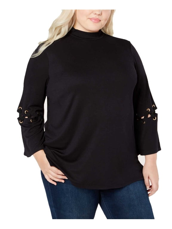 Plus Size Lace-Up Detail Grommet Top (Black, 1X)