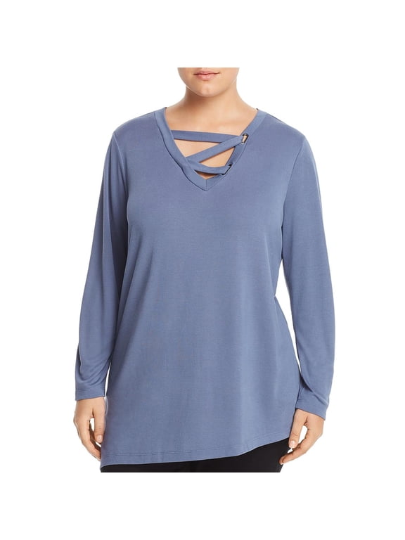 Womens Plus Criss-Cross Front Long Sleeves Knit Top Blue 1X