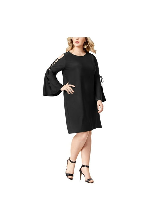 Womens Plus Lace-Up Bell Sleeves Party Dress Black 1X