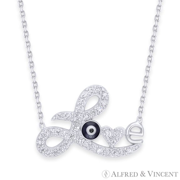 "Love" Script, Evil Eye Bead, & CZ Crystal Pendant & Chain Necklace in .925 Sterling Silver