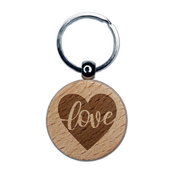 Love Script in Heart Round Keychain Charm Tag - Engraved Wood