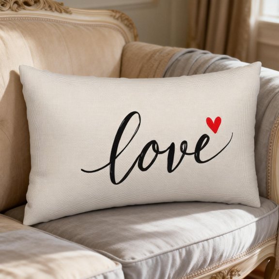 Love Script with Red Heart, 30 x 20 in Lumbar Pillow Cover, Peach Skin Fabric, Home Decor, Insert Not Included