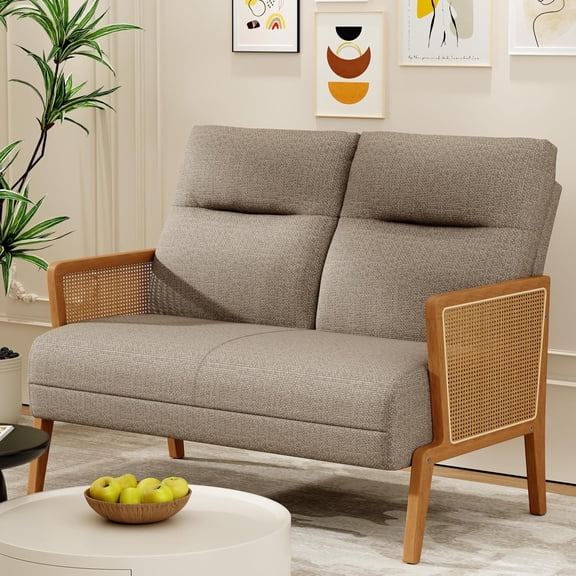 Love Seat Settee Mini Couch Upholstered Sofa with Natural Rattan Armrest Backrest Couch Bench Loveseat for Living Room Bedroom Brown Grey