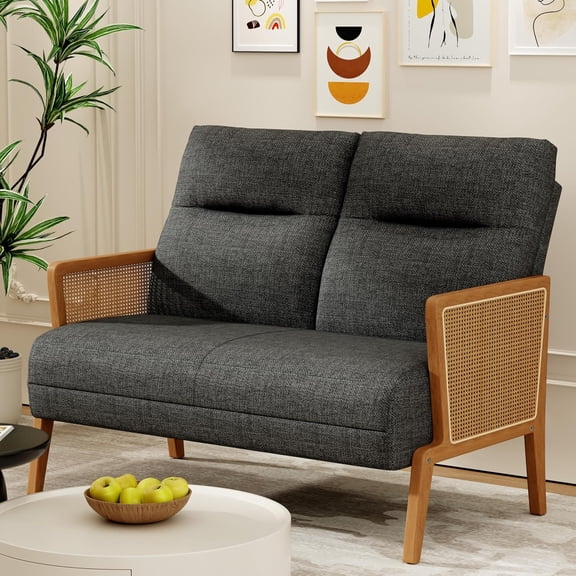 Love Seat Settee Mini Couch Upholstered Sofa with Natural Rattan Armrest Backrest Couch Bench Loveseat for Living Room Bedroom Grey