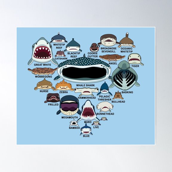 Love Shark Faces Shark Lovers Heart Poster Wall Art, Modern Wall Decor For Living Room Bedroom, 8x12 UNFRAMED