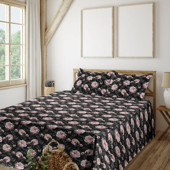 Ambesonne Love Fitted & Flat Sheet with Sham 3 Pcs Set, Garden of Roses Lovers Pattern, Twin, Pale Rose and Charcoal Grey