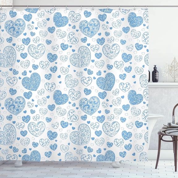 Love Shower Curtain, Pattern of Big and Small Hearts with Curls Classic Design Pleasure Fun Illustration, Cloth Fabric Bathroom Decor Set with Hooks, 72" W x 72" L, Blue Cream
