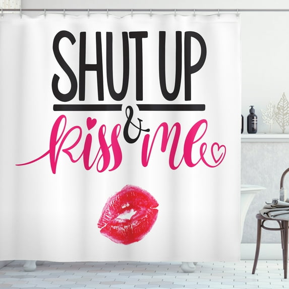 Love Shower Curtain, Shut Up and Kiss Me Hand Lettering Valentine's Day Theme Lipstick Stain, Fabric Bathroom Set with Hooks, 69W X 84L Inches Extra Long, Pink Hot Pink and Black, by Ambesonne