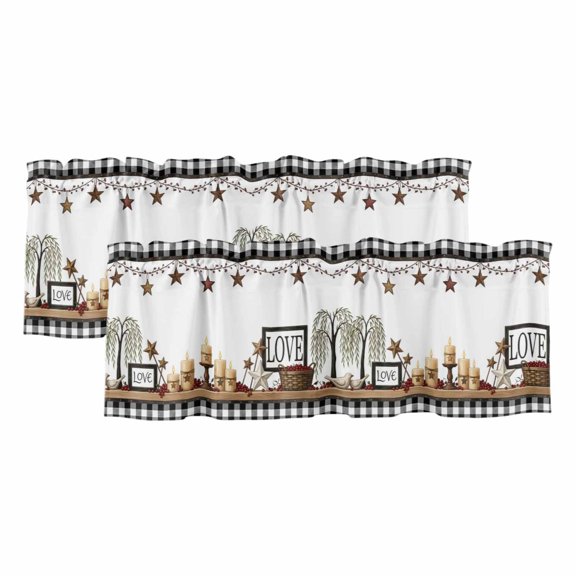 Love Sign 2 Panels Kitchen Valance, Rustic Beige Star Candle Tree Buffalo Check Border Curtains Valances for Small Windows Rod Pocket Window Treatments for Living Room Bedroom 42" W x 12" L