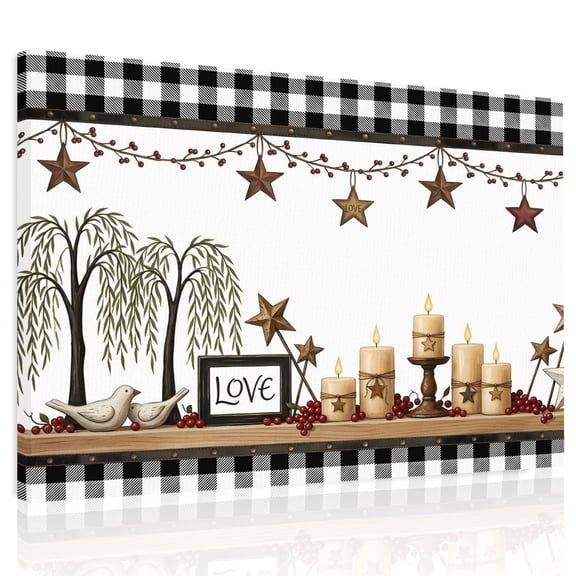 Love Sign Canvas Print Wall Art, Rustic Beige Star Candle Tree Buffalo Check Border Wall Decor Modern Artwork Paintings Pictures for Living Room Framed and Stretched Ready to Hang 24" x 32"