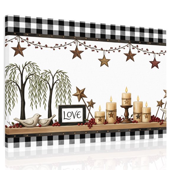 Love Sign Canvas Print Wall Art, Rustic Beige Star Candle Tree Buffalo Check Border Wall Decor Modern Artwork Paintings Pictures for Living Room Framed and Stretched Ready to Hang 12" x 16"