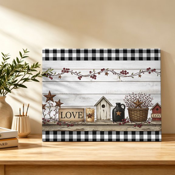 Love Sign Canvas Wall Art, Rustic Buffalo Check Border Star Wood Grain Wall Art Prints Artwork Framed Canvas Ready to Hang Art Pictures for Bathroom Bedroom Entry Desk Corner 10" x 8"