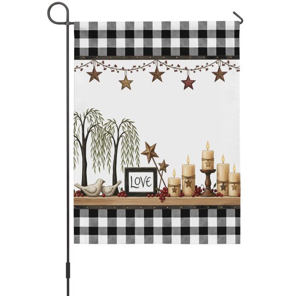 Love Sign Garden Flag 12 x 18 Inches, Rustic Beige Star Candle Tree Buffalo Check Border Weather Proof Outdoor Patio Flags Double Sided Small Garden Decoration for Yard Outside Home