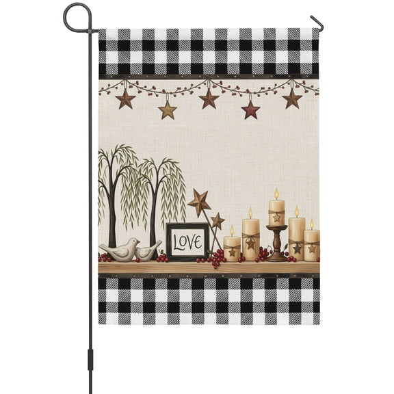 Love Sign Garden Flag 12 x 18 Inches, Rustic Star Candle Tree Buffalo Check Border Beige Weather Proof Outdoor Patio Flags Double Sided Small Garden Decoration for Yard Outside Home
